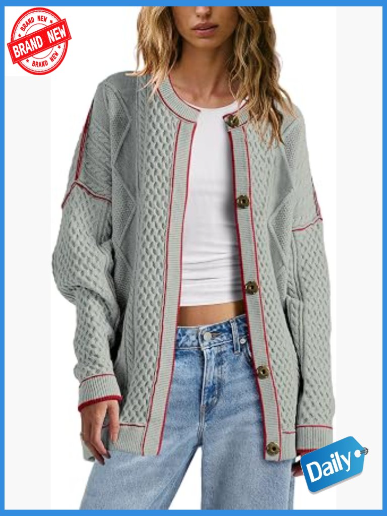 Oversized Cable Knit Cardigan Lightweight Button Down Sweater With Pockets